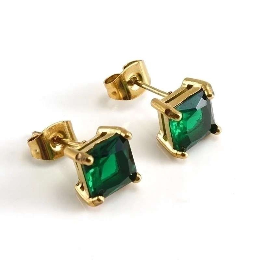 Gold Tone Stainless Steel Emerald Cut Green Cubic‎ Zirconia Stud Earrings Square